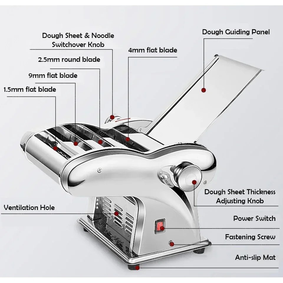 FKM140-4 Electric Pasta Maker Noodle Maker Pasta Making Machine Dough Roller Cutter Thickness Adjustable Stainless Steel