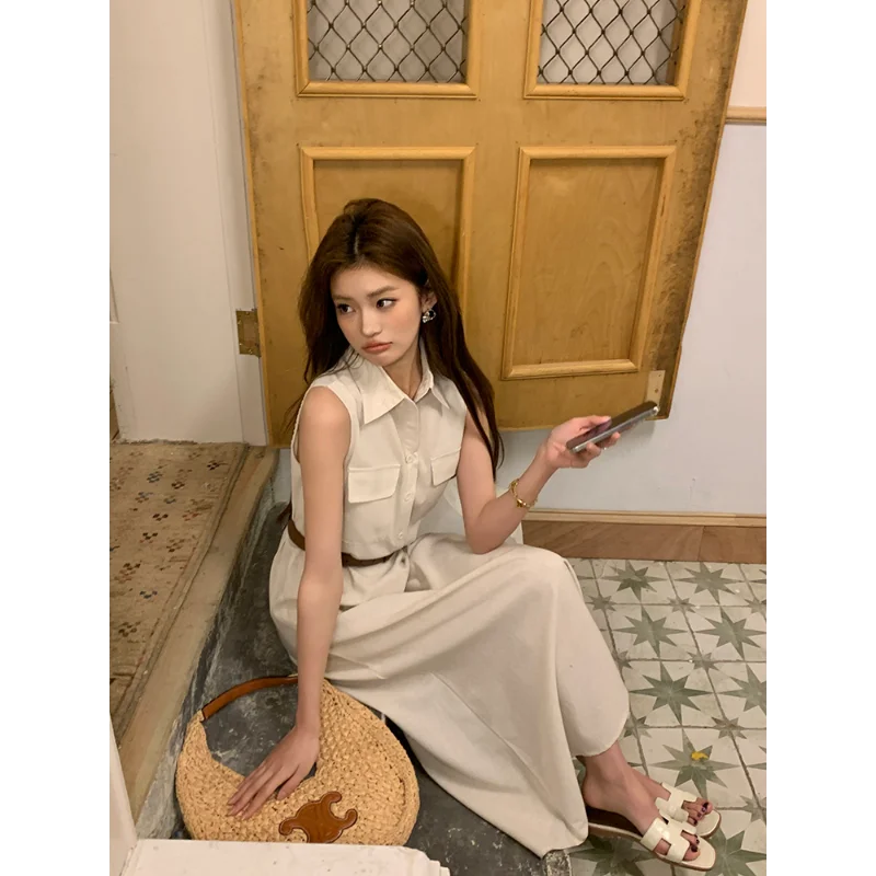 Femmes printemps été col de chemise sans manches robe longue avec ceinture élégant décontracté Vintage élégant bureau dame Blouse robe