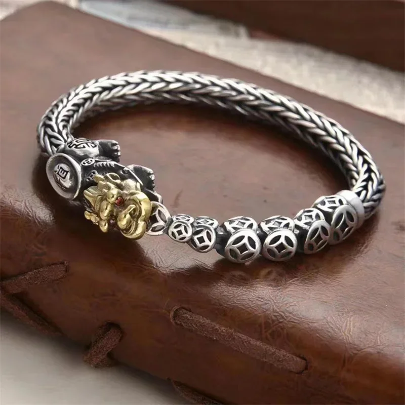 Domineering Tiger Silver Bracelet Men Trend Personality Retro Silver Bangle Tiger Head Can Be Turned Luxury Birthday Gift