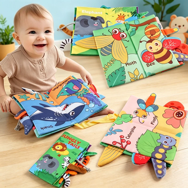 Soft Baby Cloth Book with Animal Tail Washable Crinkle Sound Paper Bite Resistant Crinkle Baby Sensory Toy Early Educational Toy