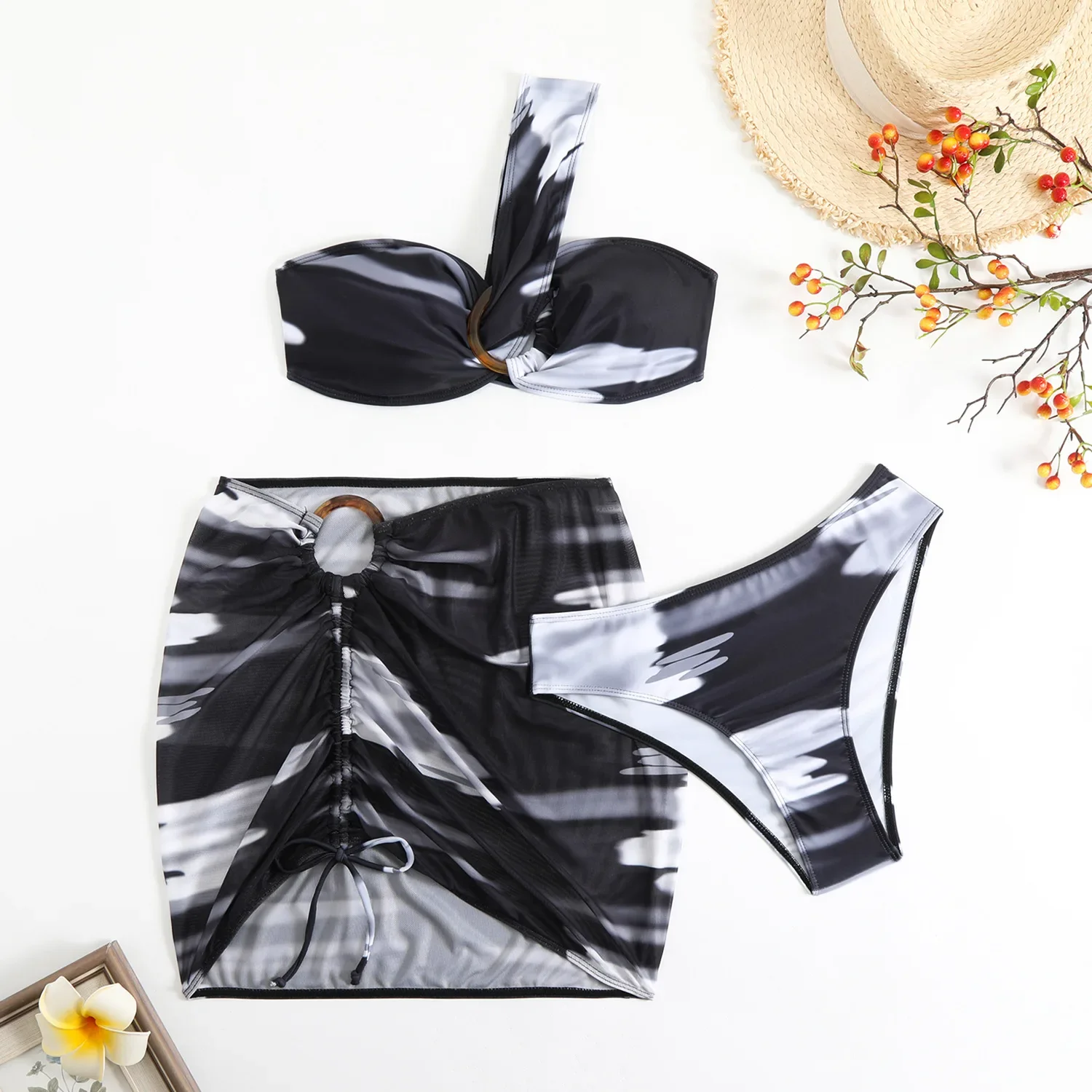 

sexy tie dye print one shoulder ring bikinis sets 3pcs with wrinkled drawstring mini skirt swimwear swimsuit bathing suit