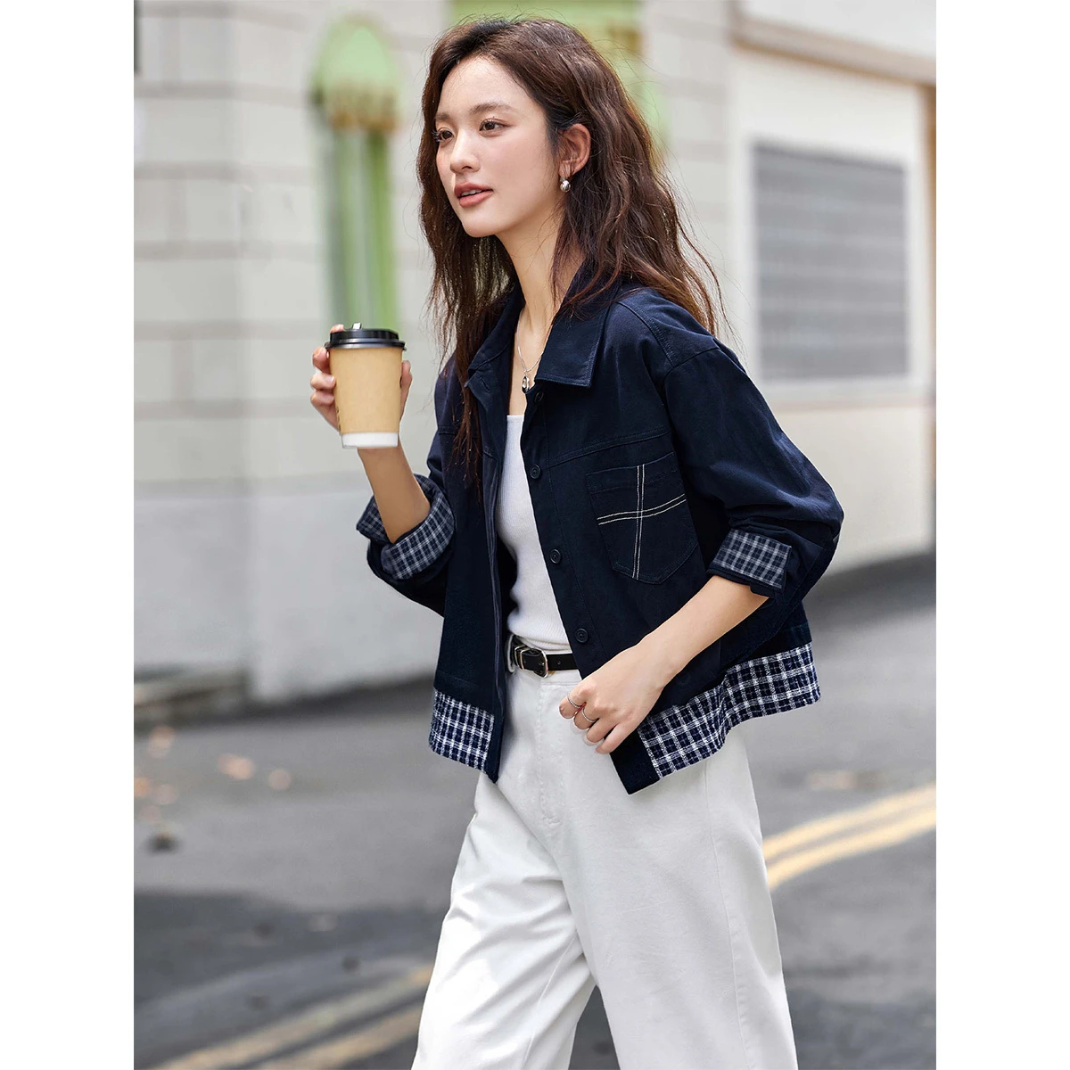 

VIMLY Fleece Lined Jacket for Woman 2025 Autumn French Style Turn-Down Collar Plaid Panel Hem Warmth Casual Ladies Outwear A3613