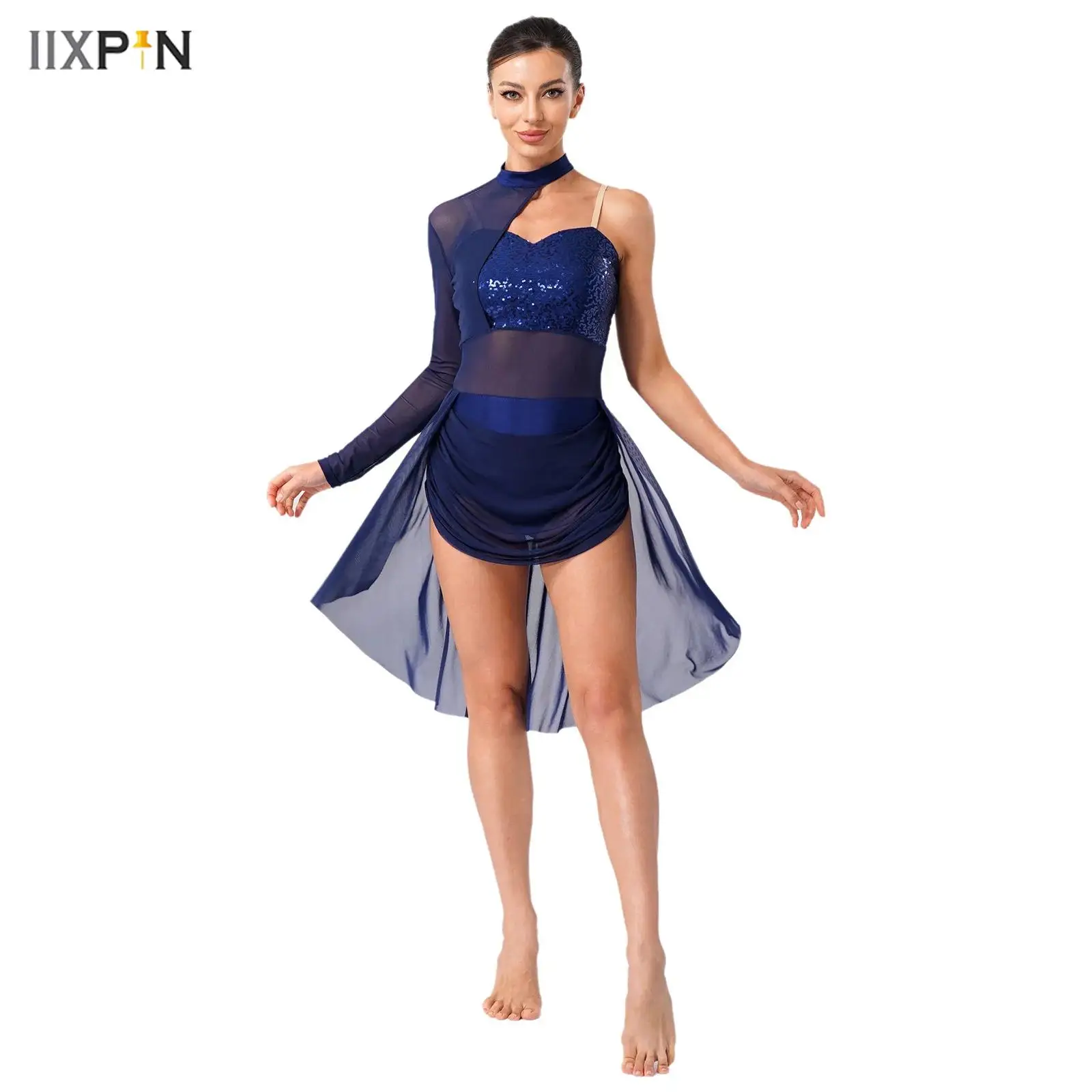 

Womens Modern Lyrical Dance Dress Adjustable Spaghetti Strap One Shoulder Sparkly Sequined See-through Mesh Skirted Leotard