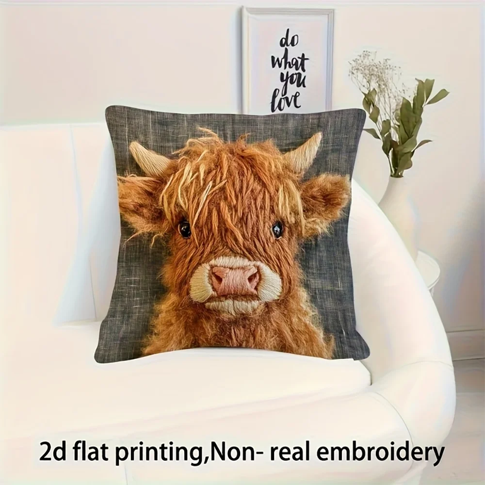 1pc Cute Highland Cow Square Throw Pillow Cover Machine Washable Farmhouse Decor Cushion Case for Sofa Couch Bed
