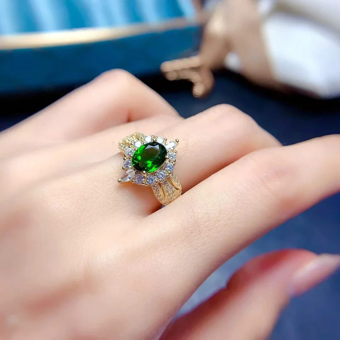 

Royal Design Wedding Ring for Woman 6mm*8mm 1ct Natural Diopside Ring 925 Sterling Silver Diopside Jewelry with 18K Gold Plated
