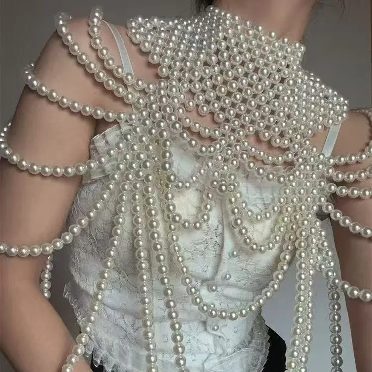 Multi-layer Wide Collar Halter Bra Chain for Women Woven Plastic Pearls Dress Gown Body Jewelry Sexy Night Clubwear Camis Tops