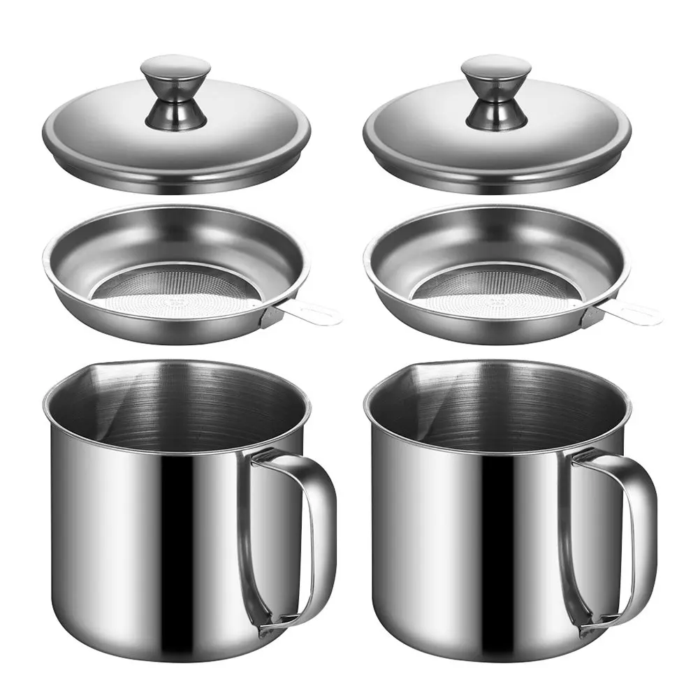 2Pcs Stainless Steel Grease Strainer Oil Pot Kitchen Filter Container Large Capacity Cooking Oil Separation Bacon Grease Saver