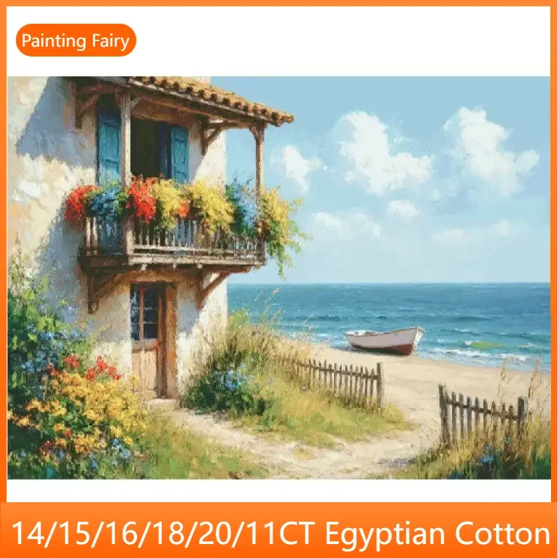 [ZZ8410-Romantic Sea View Room] Cross Stitch Embroidery Kit 18CT, Printed Fabric for Hand Stitching, Cotton Thread Set