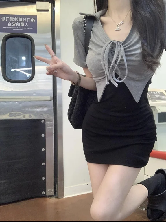

Fake two pieces of v-neck dress slit high waist hip skirt short skirt woman