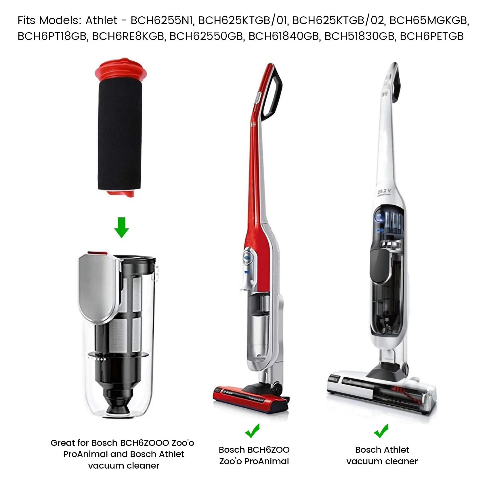 فلتر عصا رئيسي قابل للغسل + حشوة إسفنجية للمكنسة الكهربائية اللاسلكية Bosch Athlet (2 من كل) BAAN