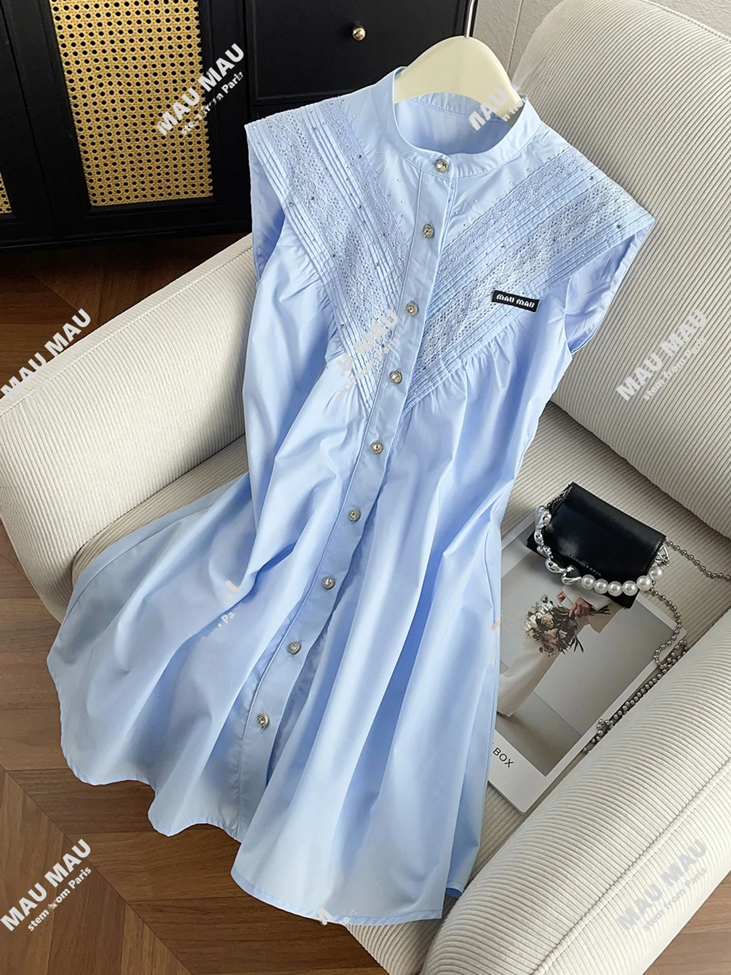 

Blue ort A-Line Dr with Patchwork Letters And Rhinestones High Waist Spring Summer Autumn High-End Women's Clothing