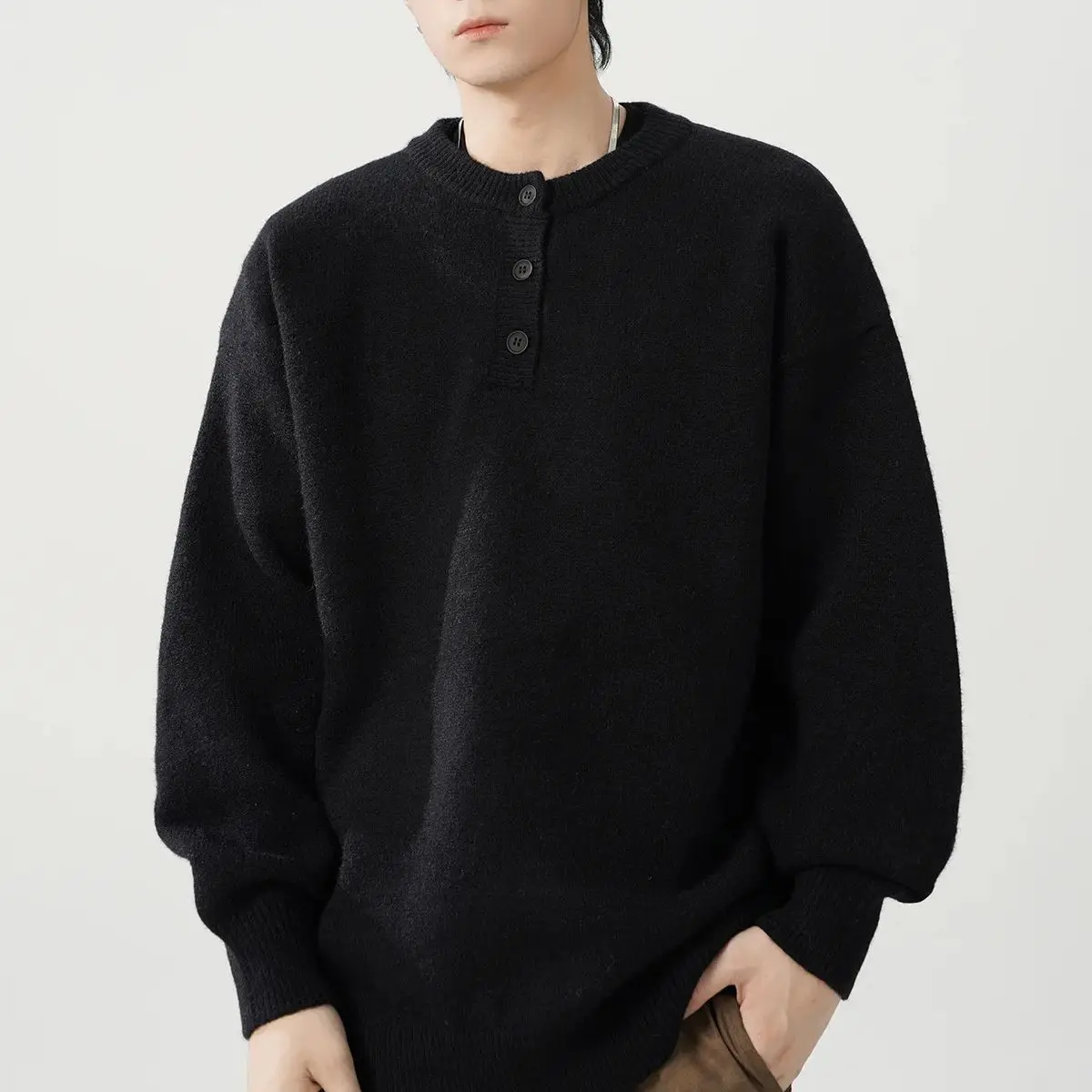 American style Henry collar sweater, men's autumn and winter trend, high-end sense, knitted sweater, loose and lazy style jacket