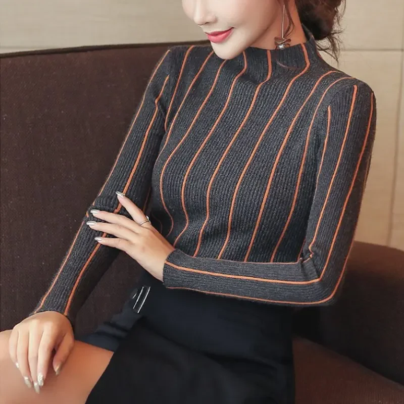 SEXMKL Striped Turtleneck Pullover Women 2024 Winter Thick Sweater Red Korean Ladies Office Knitted Sweater Black Top Pull Femme