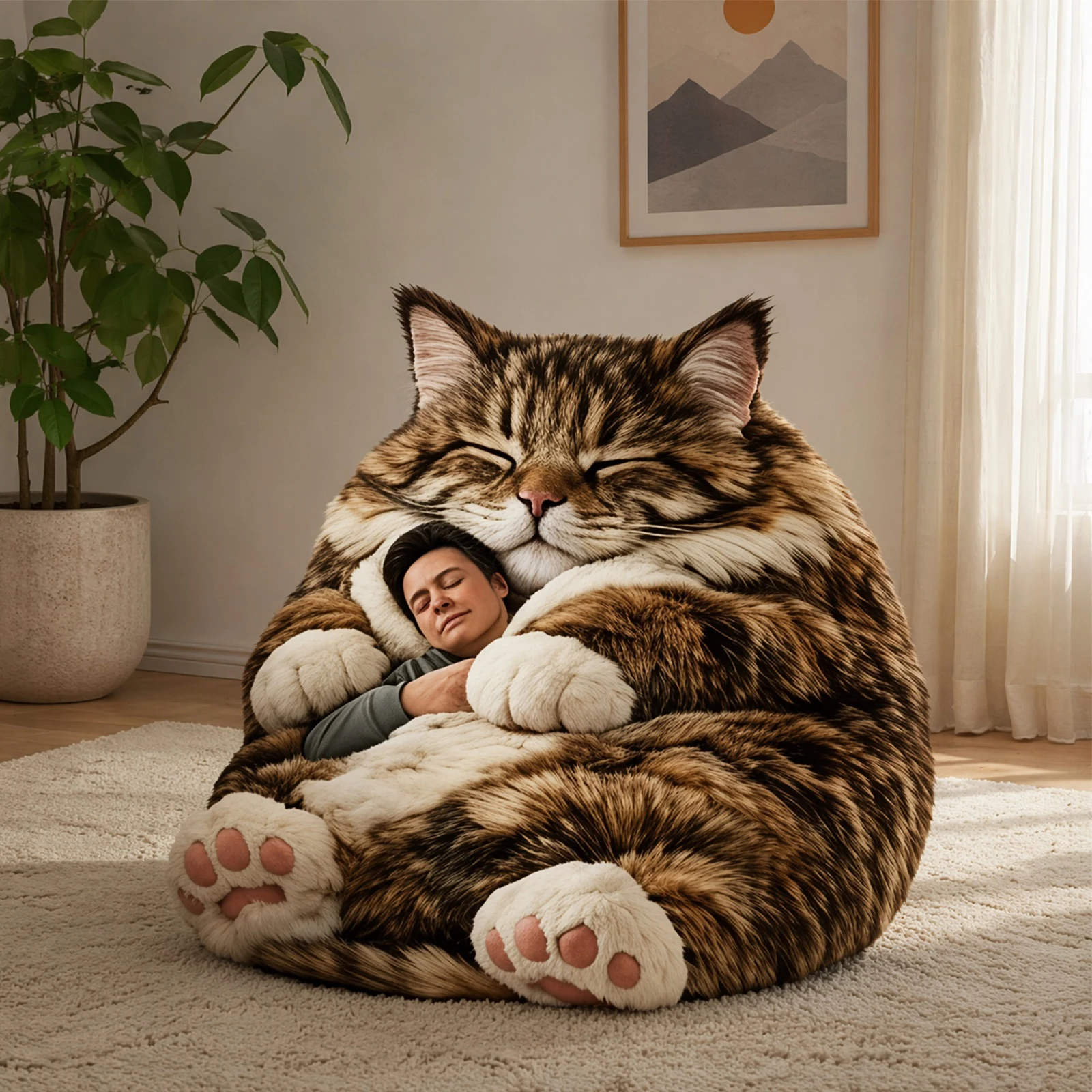 Fluffy Cat Shaped Sleeping Bag Comfortable Cat Plush Sleeping Bag Washable for Indoor Home Bedroom Living Room Apartment Dorm