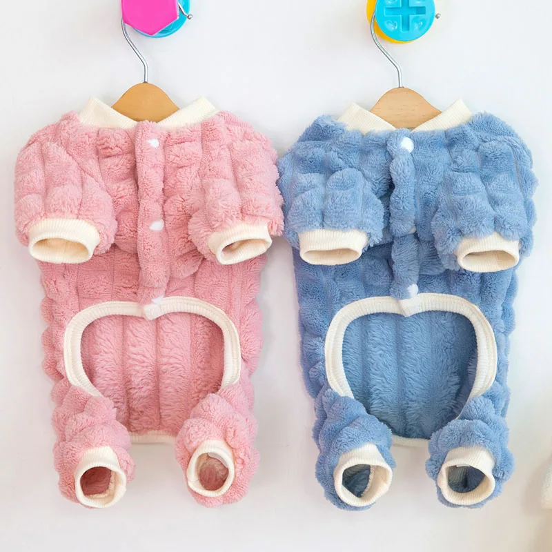 Fleece Pet Clothes Winter Cardigan Jumpsuit Pink Blue Dog Overalls 4-Legs Jacket For Small Dogs Dachshund Puppy Kitten Pyjamas L