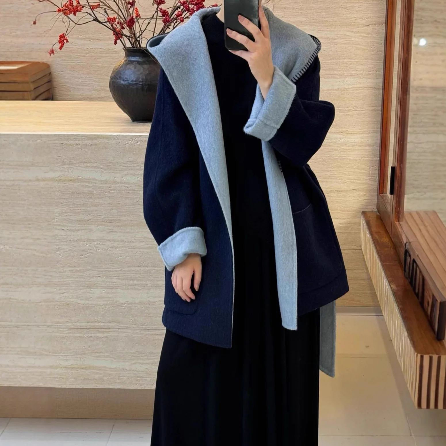 

Двустороннее шерстяное пальто для женщин с капюшоном, свободная посадка AB Face Wear, новинка 2025 года, осенне-зимняя мода