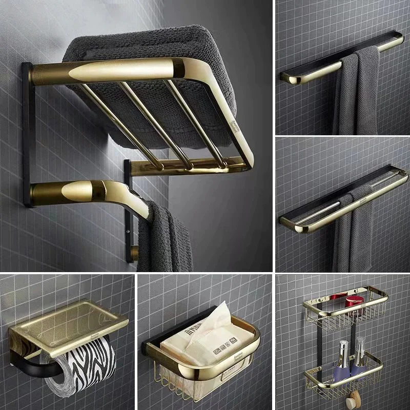 

Tuqiu Bathroom Accessories Gold & Black Bathroom Shelf,Towel Rack,Towel Hanger Paper holder,Toilet Brush Holder Bath Hardware