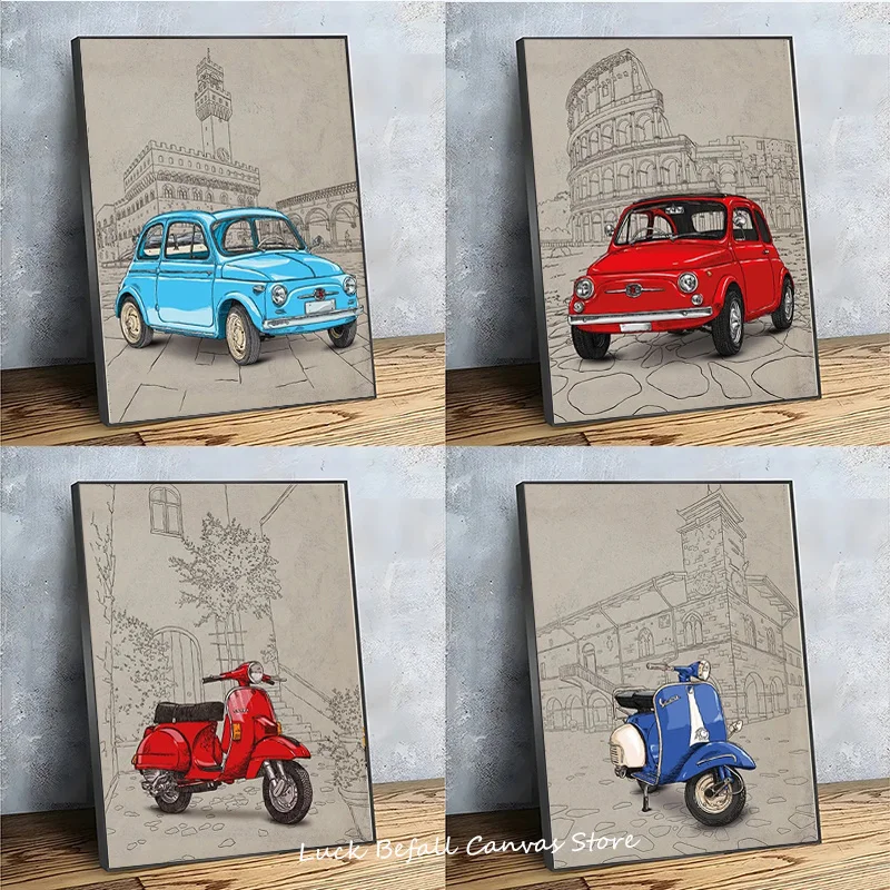 Italian Style Famous Building Background Fiat 500 Red Yellow Vespa Poster Print Wall Art Picture Canvas Painting Room Home Decor