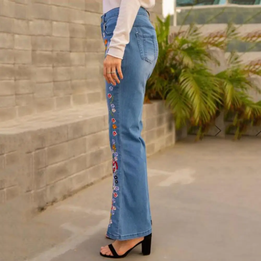 Women Jeans Washed Flower Embroidered Lady Trousers Slim Fit High Waist Match Top Long Jeans Vintage Bell-bottomed Women Pants