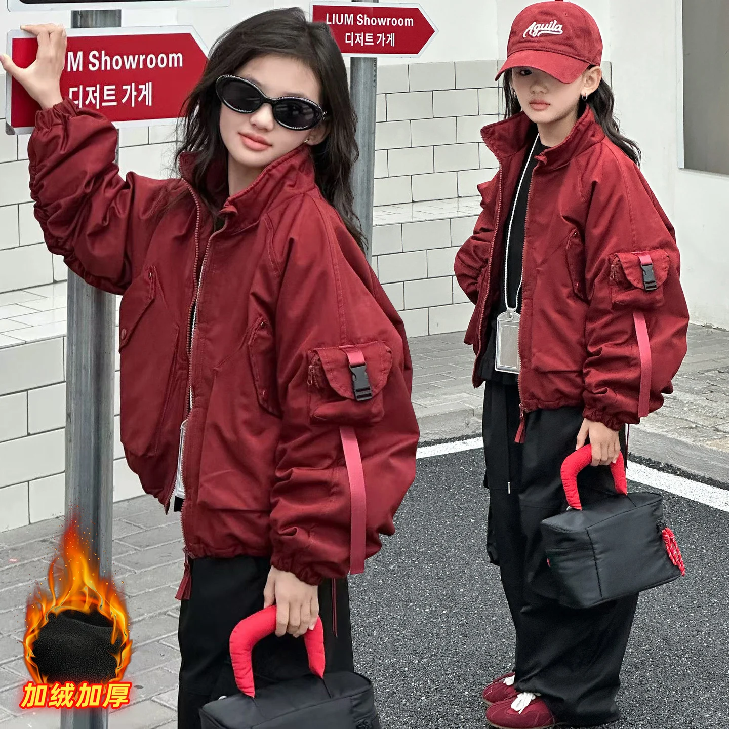 

Big Child Overcoat Autumn Winter Letter Embroidery Fashion Girl Coats Loose Casual New Retro Motorcycle Cotton Jacket Thick Warm