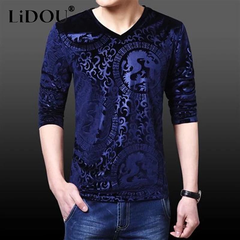 2023 Spring Autumn Solid Color Fashion V-neck T-Shirts Man High Street Long Sleeve Jacquard Weave All-match Harajuku Pullovers