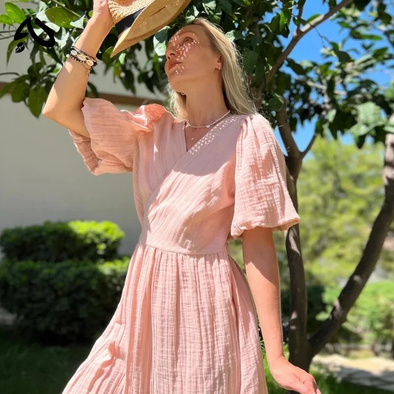 Original Muslin 100% Cotton Gauze Long Dress For Women Sexy V-Neck Sweet Puff Sleeve Bandage Chic Elegant Party Beach Sundress