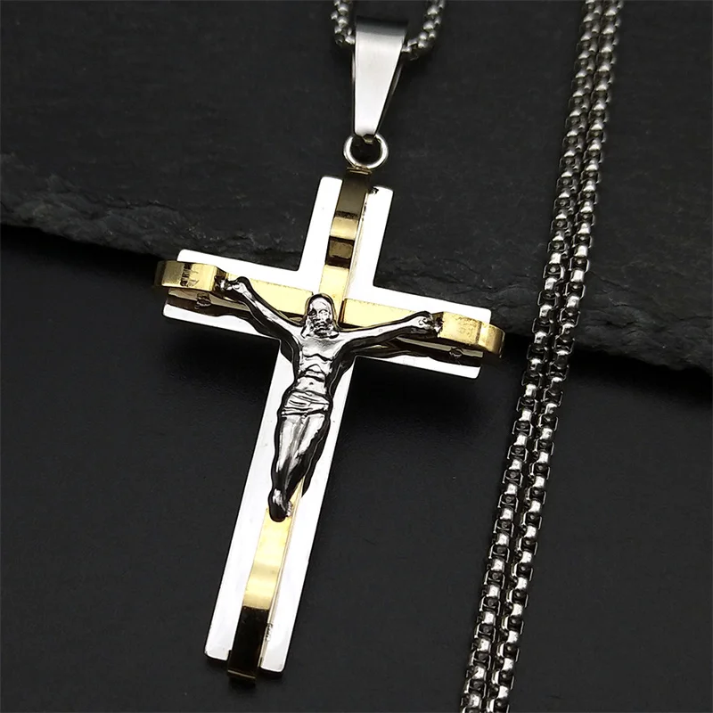 يسوع الصليب الصليب قلادة قلادة للرجال النساء الفولاذ المقاوم للصدأ الذهب والفضة اللون الشرير المسيحية سلسلة تميمة مجوهرات FS