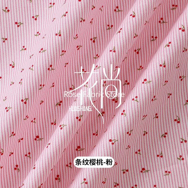 Cherry print stripe Embroidered Cotton Fabric For dress, skirt, tops, tabletop, pillowcase, headbands, doll clothes sewing