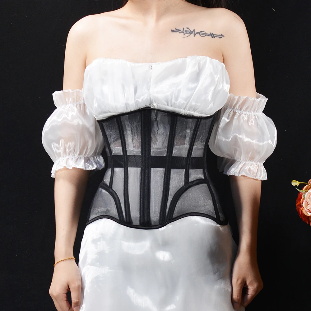 Femal Abdomen Tight Corset Crops Under Bust Bustiers Breathable Mesh Waist Girdle With Bones Slimming Lace Up Bodices view 4