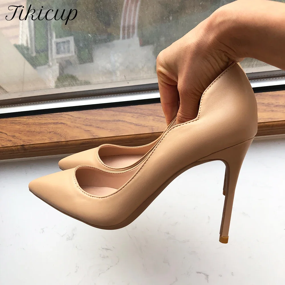 Tikicup Customize Nude Matte Elegant Pumps Stilettos Sexy Side V Cut High Heels Pointed Toe Party Celebrity Shoes Size45 46