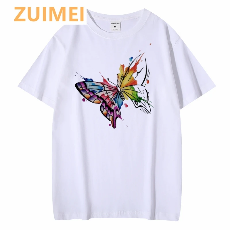 Aquarell Schmetterlinge Fahrrad Blumen druck grundlegende O-Kragen kurz ärmel ige Harajuku Top T-Shirt lässig Damen Frauen T-Shirt Mädchen