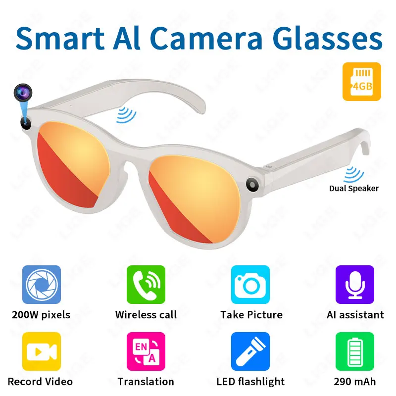 

LIGE Languages Translation AI Smart Glasses 2MP Camera Video Recording Sunglasses 2025 New Bluetooth Call Music Play Men Women