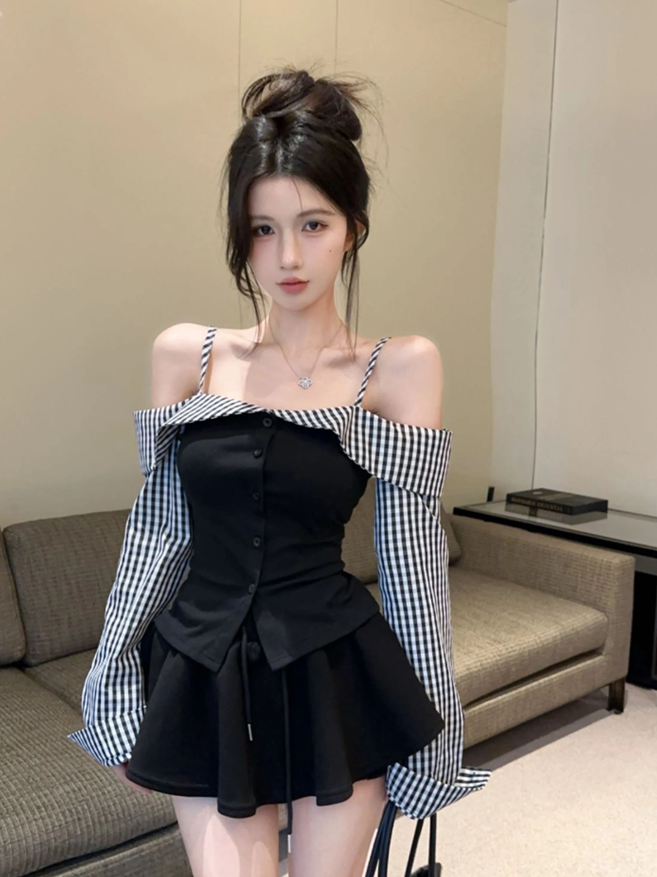 

Oulder Bared Long Sve T irt, женский осенний новый клетчатый сексуальный топ на одно плечо для похудения, модный корейский топ для поездок на работу