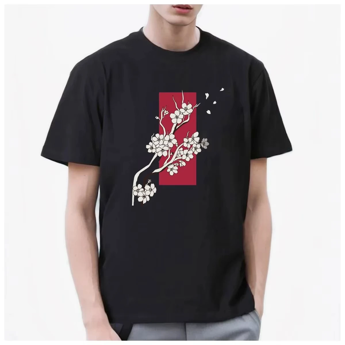 HOT SALE Dongdongjing Cherry Blossom White Crane Fan Beautiful Tee Men T Shirt Women Fashion Soft Comfortable Cotton Casual Top