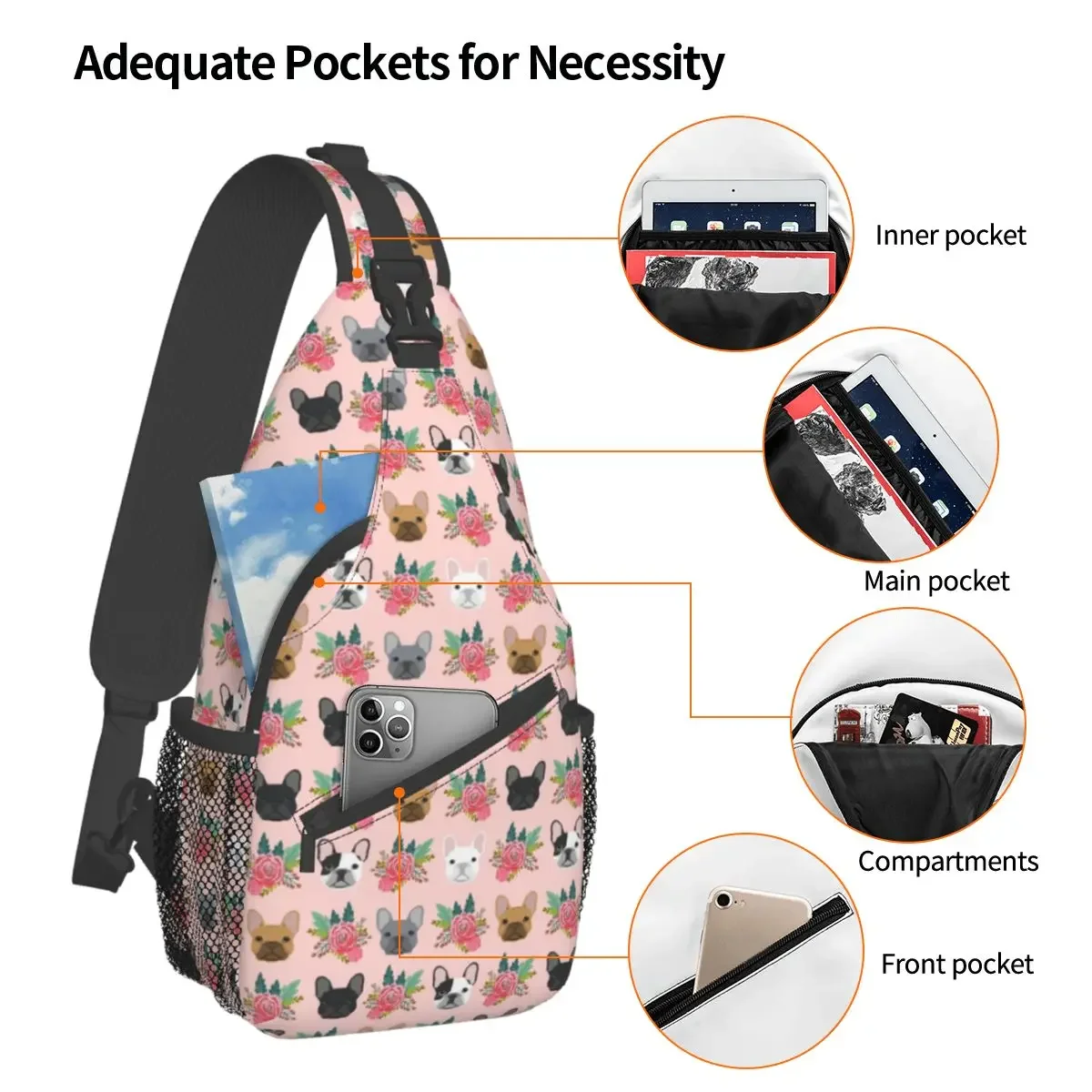 French Bulldog Pink Cute Dog Crossbody Sling Bags Printed Chest Bag Animal Shoulder Backpack Daypack Hiking Outdoor Biking Bag