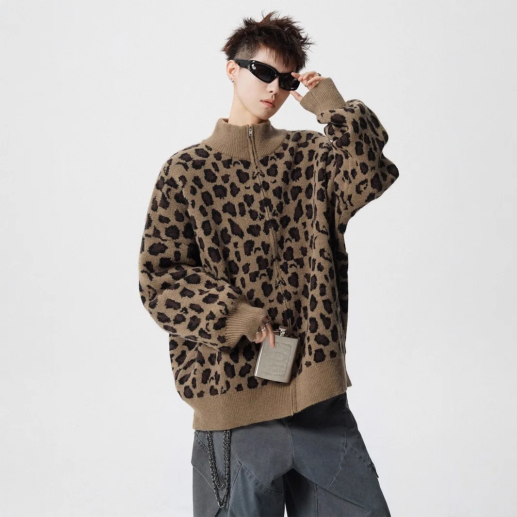 

American retro leopard print stand-up collar sweater cardigan for men and women in autumn and winter trendy brand lazy coat