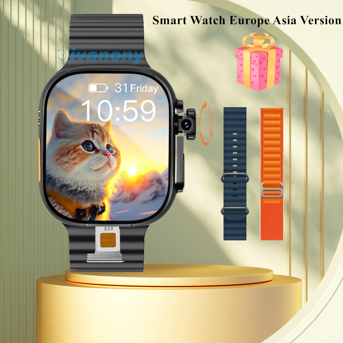 4G Smart Watch SIM Card WIFI GPS Whatsapp Reply AI Voice Assistant 180° Rotary Camera 2MP Face Recognition Google Play Store