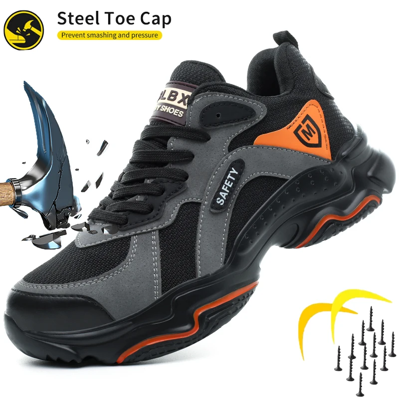 Men's Safety Work Shoes Steel Toe Anti-Smash Safety Boots Comfort Work Sneakers Anti-Puncture Wear-Resistant Protective Footwear