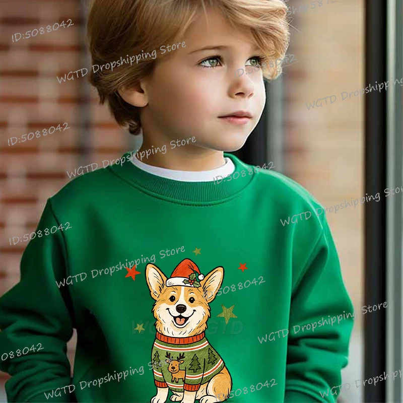 

Printed Cartoon Christmas Corgi Sweatshirts Children's Clothing Fashion Autumn Winter Crewneck Sportswear Christmas Pullover