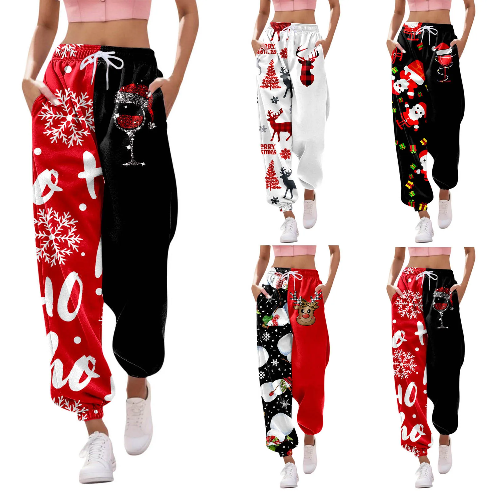 Christmas Pants Women Fashion Joggers High Waist Sporty Gym Athletic Fit Jogger Patchwork Print Snowflake Sweatpant Bottoms