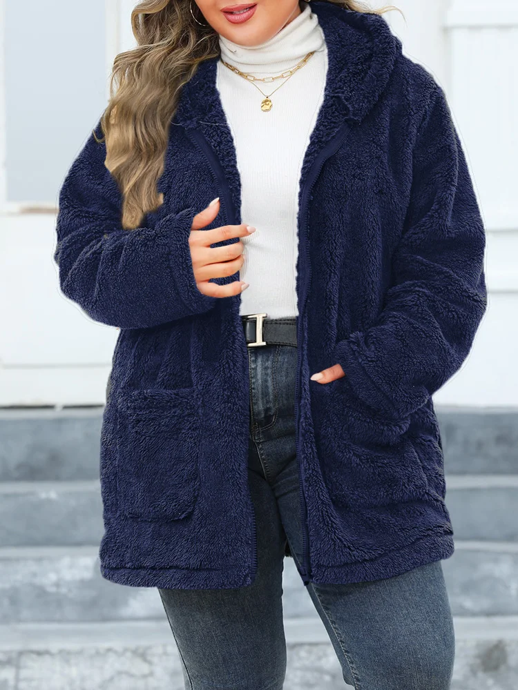 GIBSIE Plus Size Autumn Winter Hooded Plush Fleece Teddy Coat Women Pockets Casual Solid Zip Up Faux Fur Jacket Warm Outwear