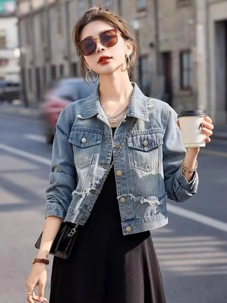 

Женская короткая джинсовая куртка для миниатюрных размеров, весна-осень 2023, новый простой модный универсальный стильный винтажный блейзер с необработанным подолом из Гонконга