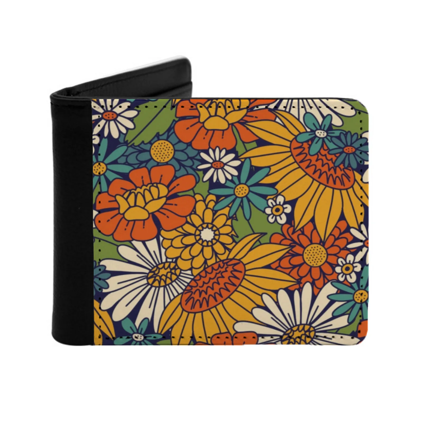 

70S Retro Floral Bold Short Men's Wallet Multifunction Purse Male Pu Leather Wallet 1970S 70S 70S Floral Floral Sunflower Daisy