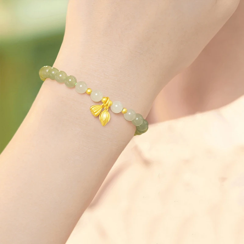 Fashionable Lotus Seedpod Hetian Jade Hand String Women's Student Bead String Elastic Bangles Birthday Gift Jewelry