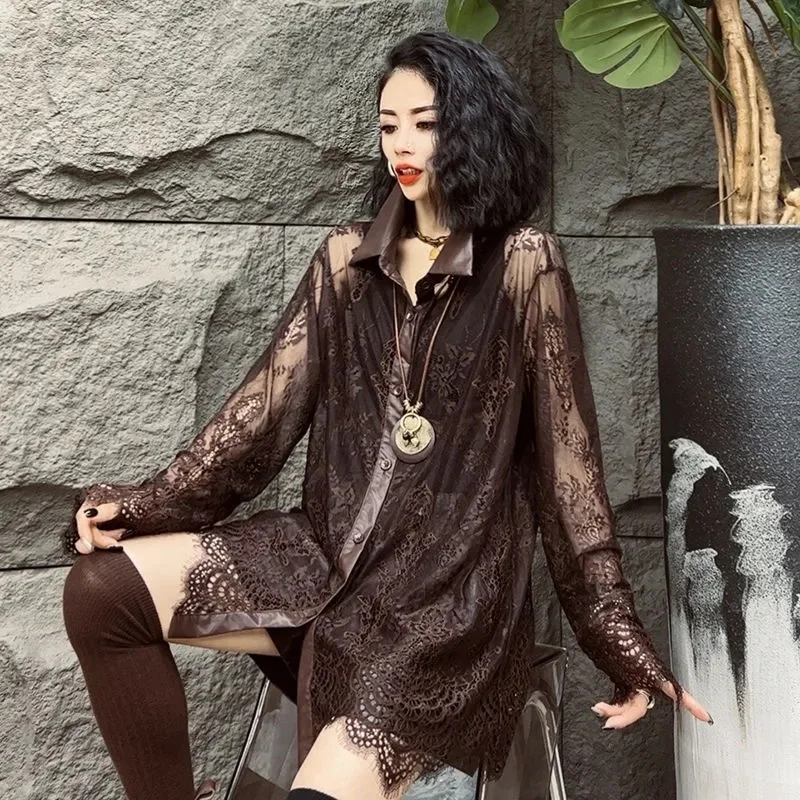 Mid-Long Retro Blouse Chinese Jacquard Lace Chiffon Shirt Women Spring Summer Shirts 2024 Fashion Loose Long Sleeve Tops Female