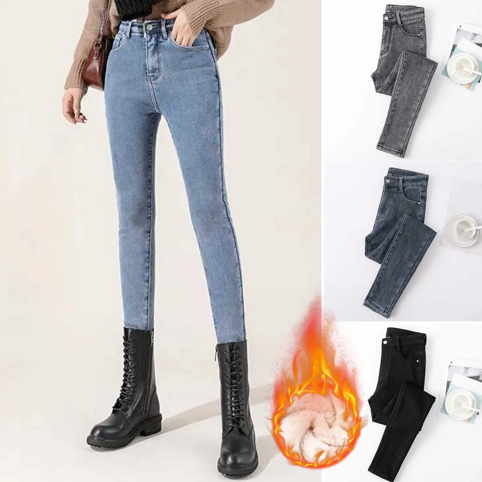 2024 Women Thermal Jeans Winter Snow Warm Plush Stretch Jeans Lady Skinny Thicken Fleece Denim Long Pants Retro Pencil Trousers