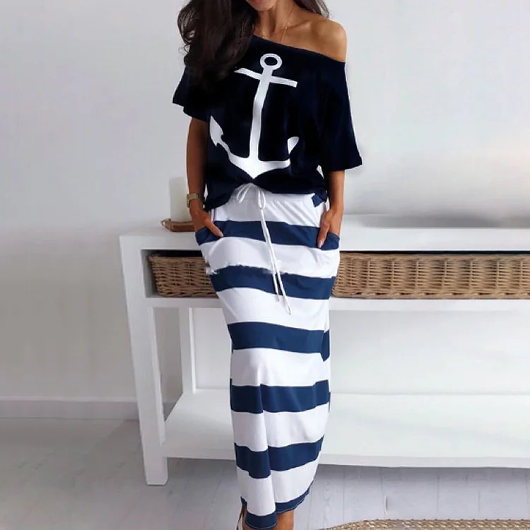 Elegant Women\'s Casual Boat Anchor Print Short Sleeve T-shirt+Skirt Two Piece Set Fashion Summer Tracksuit Skirts Sets For Women