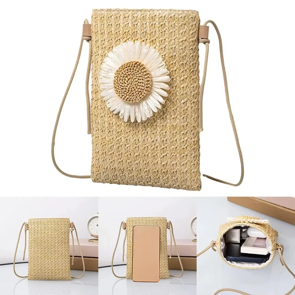 Sunflower Straw Woven Crossbody Bag Mini Bohemian Phone Bag Summer Beach Shoulder Bag for Women Casual Vacation Handbag Purse