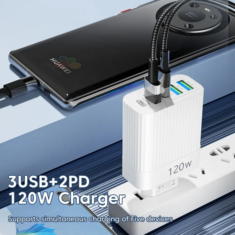65W 5-Port USB C Fast Charger PD QC3.0 Wall Charger Adapter Multi-Device Fast Charging Block for iPhone 15 Pro Samsung Xiaomi