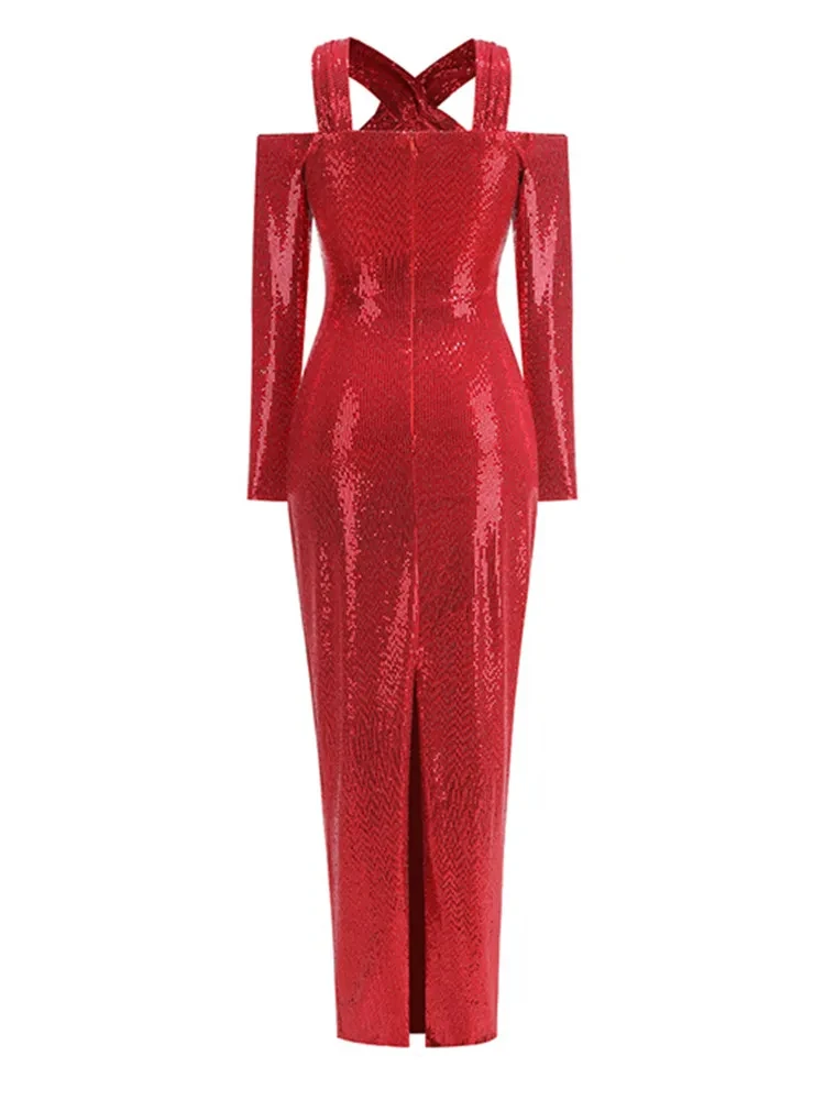 2024 Women Celebrity Sexy Long Sleeve Cut Out Sequins Sparkly Red Maxi Long Bodycon Dress Evening Club Party Dress